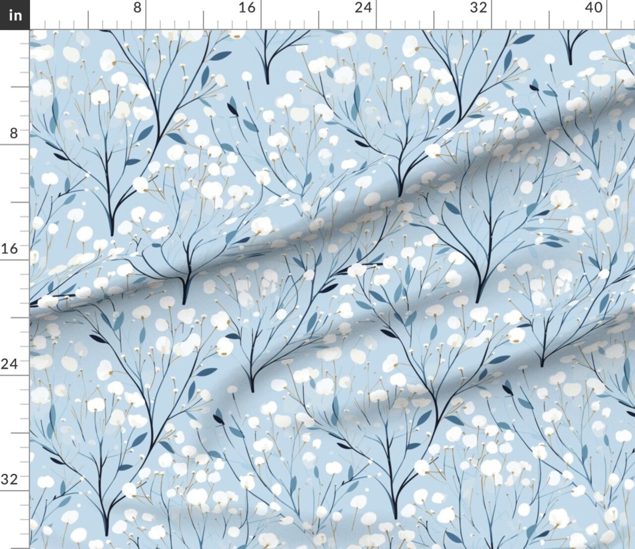 Modern Floral Abstract Flowers Winter Garden Blossom Blue White Botanical Branches Custom Printed Fabric by Spoonflower Various Fabrics by the Yard or Fat Quarter